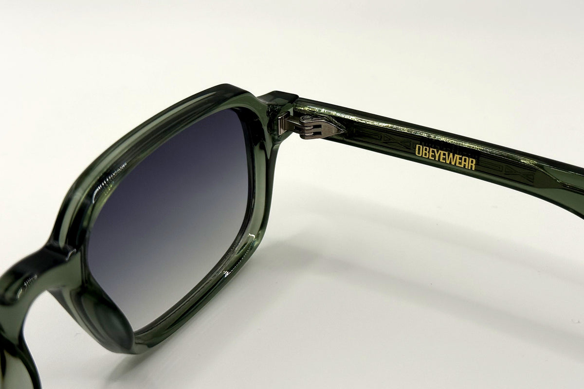 OBE 001 Olive sunglasses, temple arm logo