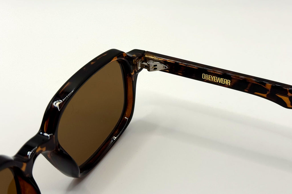 OBE 001 Tortoise sunglasses, temple arm logo