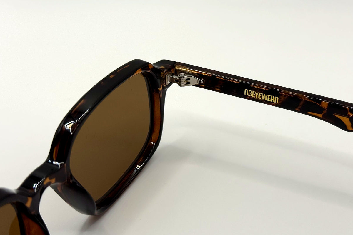 OBE 001 Tortoise sunglasses, temple arm logo