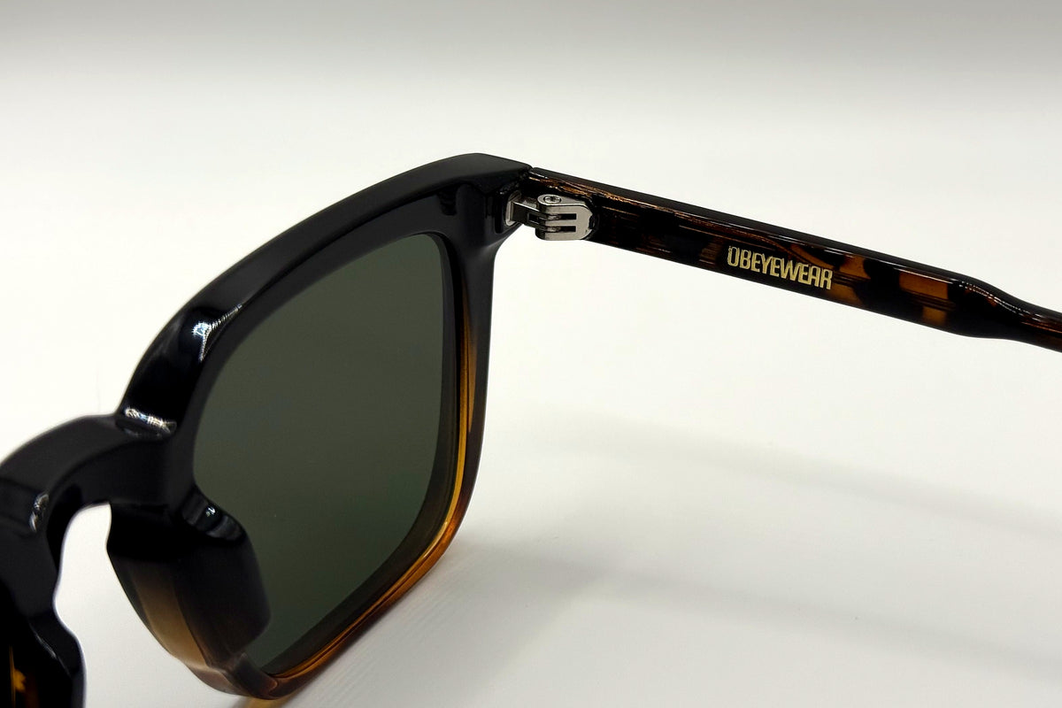 OBE 002 Black Tortoise sunglasses, temple arm logo