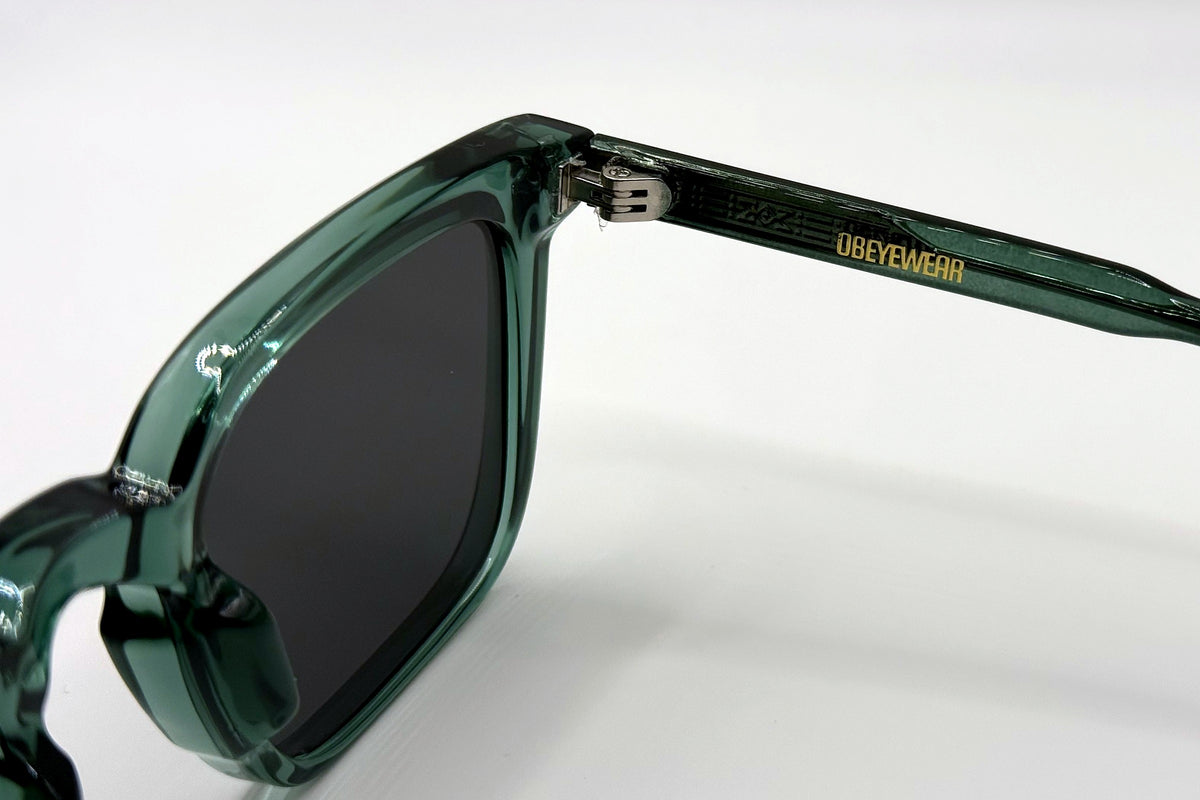 OBE 002 Jade Green sunglasses, temple arm logo