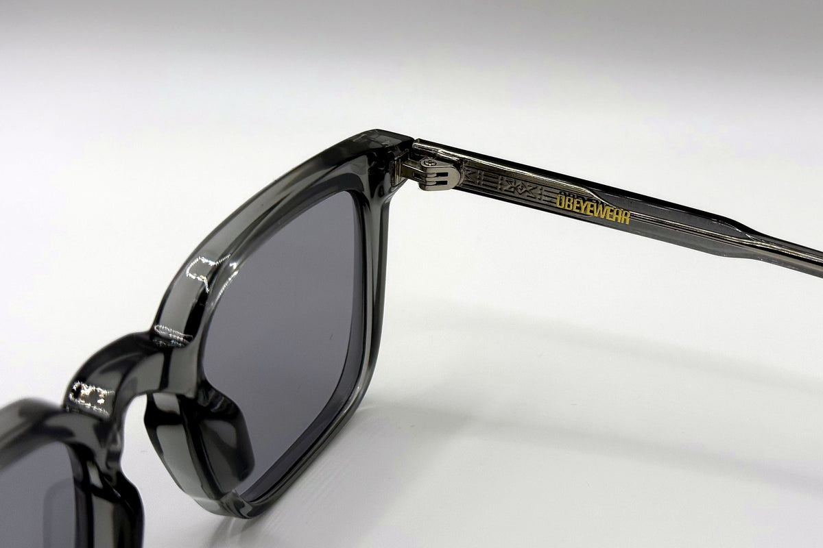 OBE 002 Stone Grey sunglasses, temple arm logo
