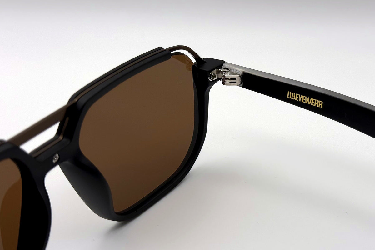 OBE 003 Black with Brown Lens sunglasses, temple arm logo