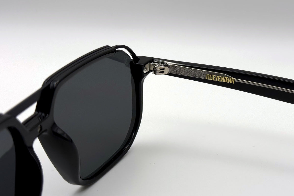 OBE 003 Black with Grey Lens sunglasses, temple arm logo