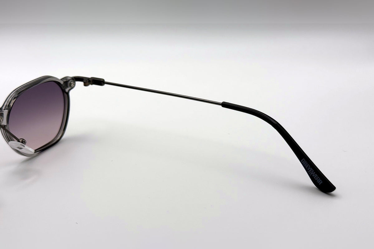 OBE 004 Grey with Purple Lens sunglasses, temple arm and logo tip