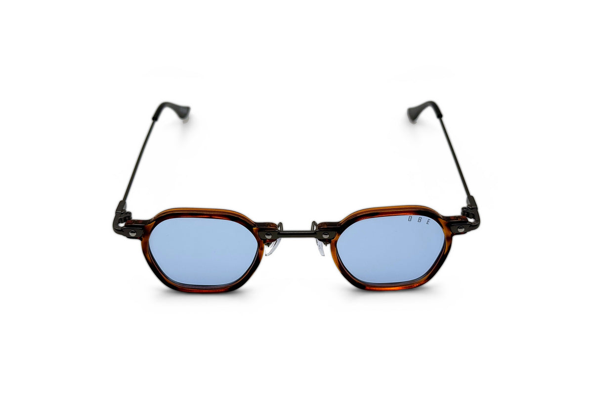 OBE 004 Tortoise with Blue Lens sunglasses, arms open
